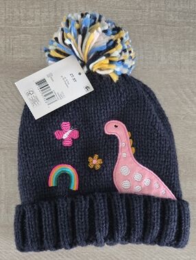 NWT Toddler Pom Toque with Pink Dinosaur & Rainbow Patch 2T-5T